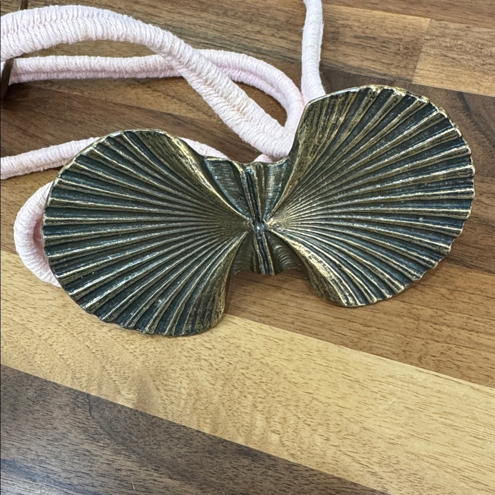 Vintage Solid Brass Seashell Belt Buckle with pink stretch cording clasp